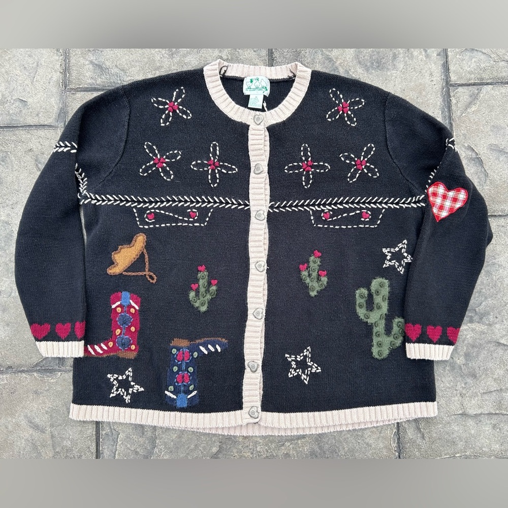 Vintage Y2K Quacker Factory Western Southwestern Cowboy Boot Cactus Sweater 1X